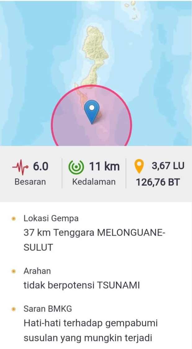 Tidak Berpotensi Tsunami, Gempa 6,0 Magnitudo Guncang Talaud 