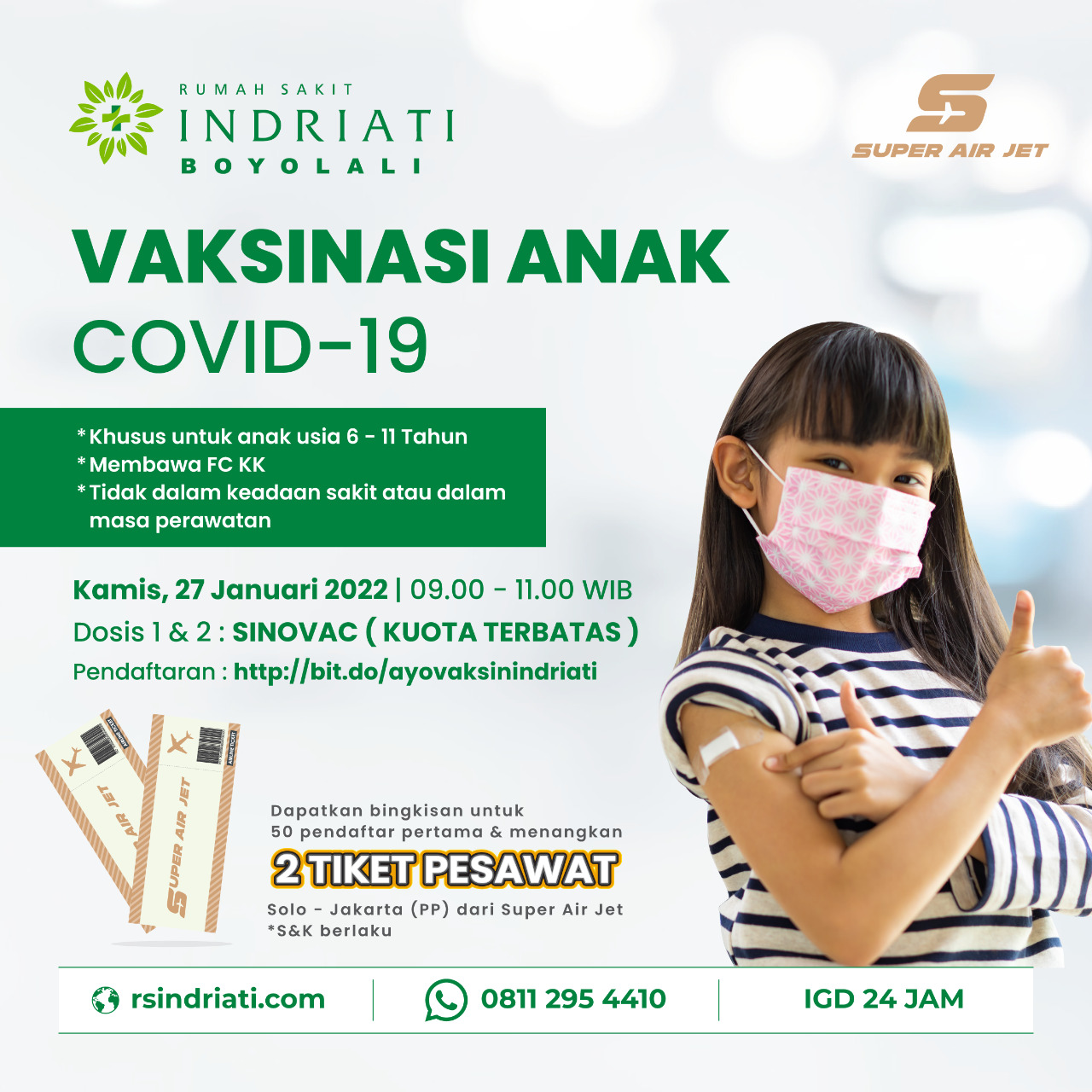 RS Indriati Boyolali dan SUPER AIR JET Siap Menggelar Bincang Khusus Kesehatan dan Vaksinasi Gratis Anak-Anak
