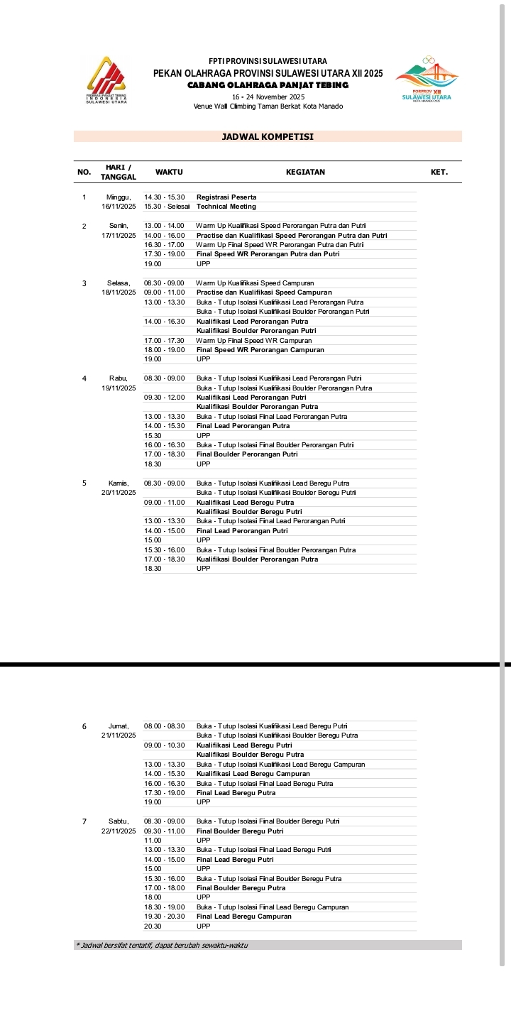 Venue Ramai, Ini Jadwal Lengkap Pertandingan di Cabor Panjat Tebing Porprov ke-XII 2025