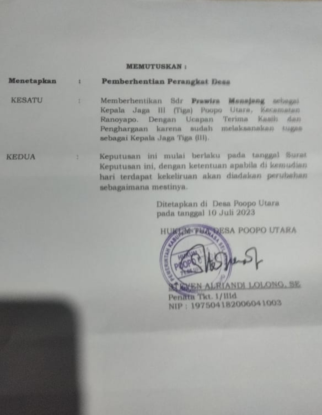 Pemberhentian Perangkat Desa di Poopo Utara Dinilai Bertentangan Dengan UU, Kumtua Perlu Pahami Aturan Hukum
